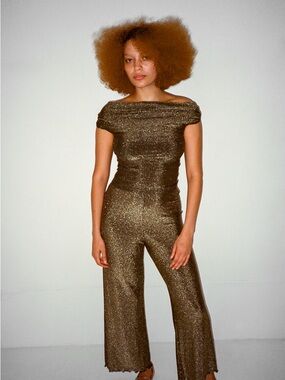 WRAY Metallic Drape Cowl Neck off shoulder Top - Shimmering Black/Gold